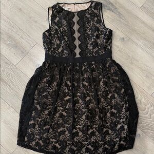 London Style Black Lace Overlay Dress with Nude Lining